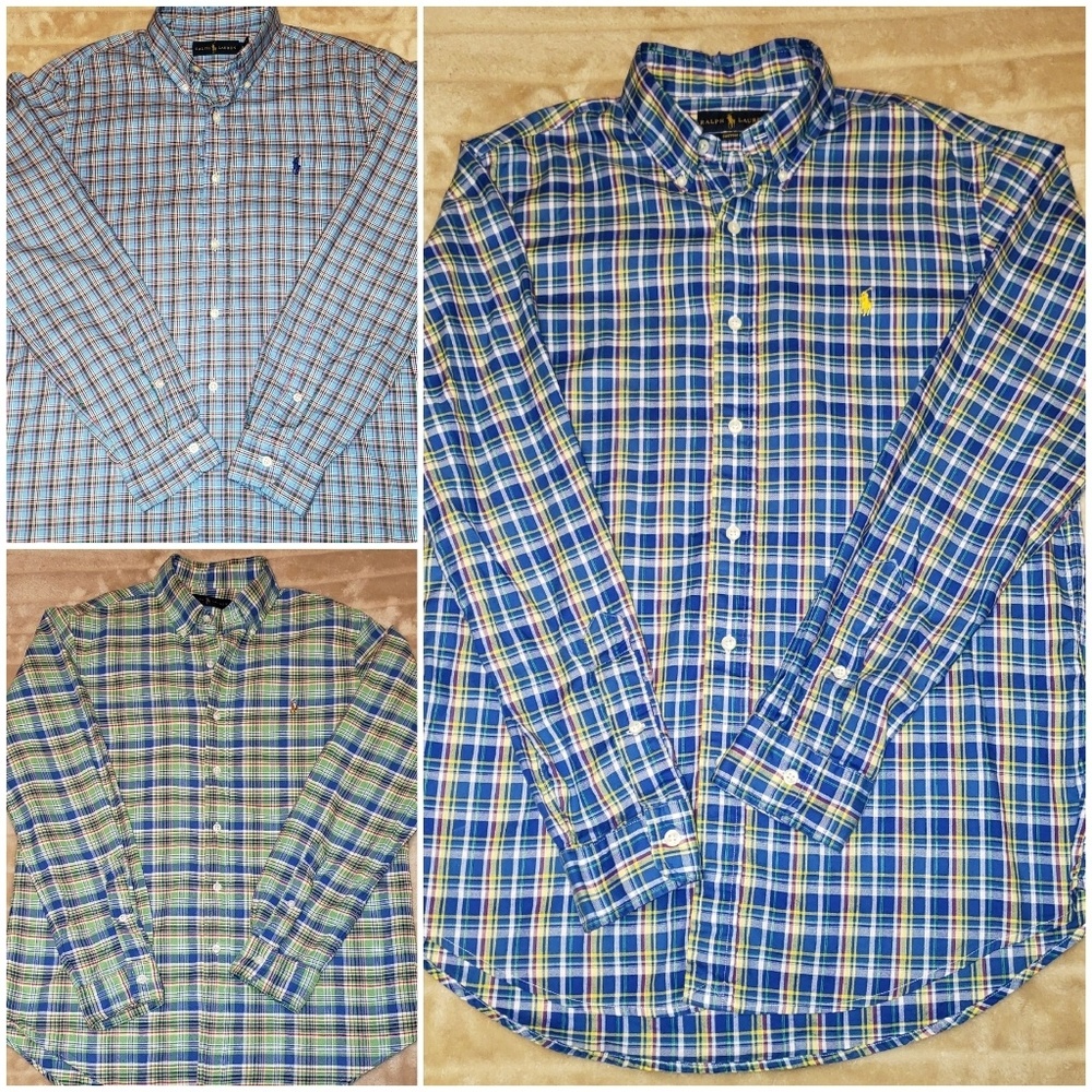 3 Ralph Laren Plaid Button Down Shirts- Med